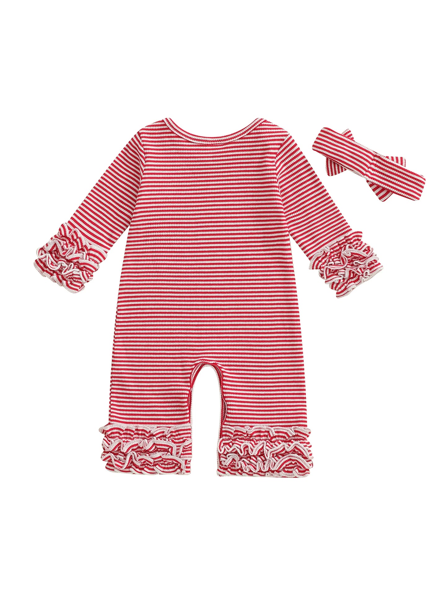 Baby Girls Striped Romper Outfit - Long Sleeve Full Length Jumpsuit with Bow Headband (0-18M)