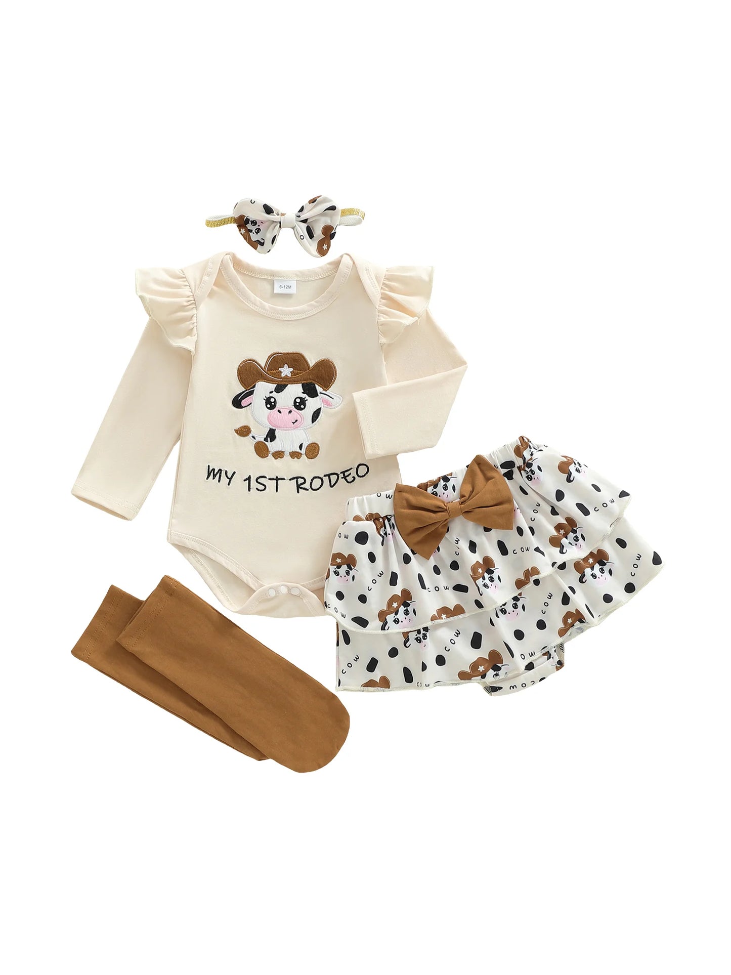 Newborn Baby Girls Boys Outfit Set - Cow Embroidery Romper with Skirt & Accessories 0-12M