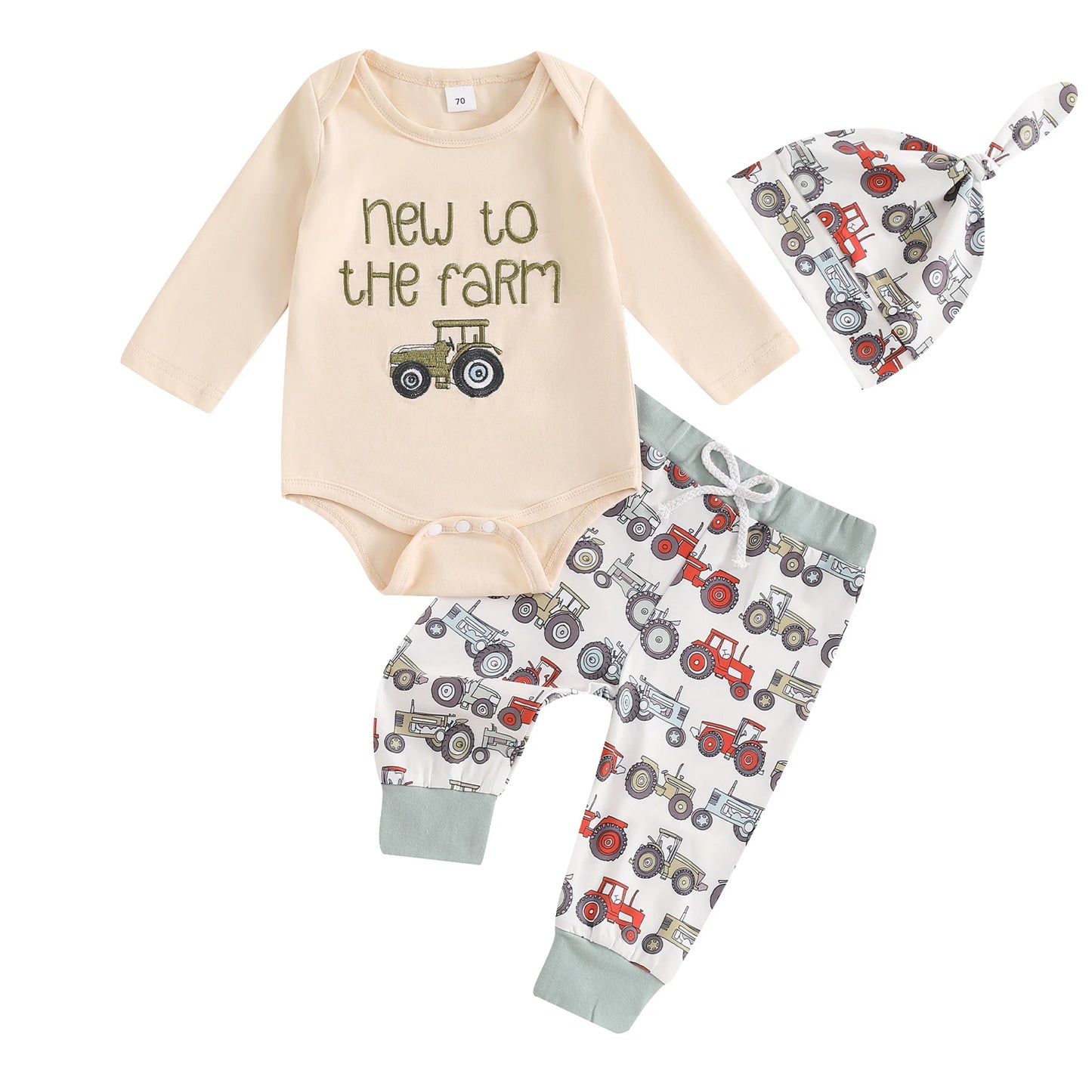 0-18M Newborn Baby Boys 3-Piece Clothing Set - Long Sleeve Romper with Tractor Pants and Hat