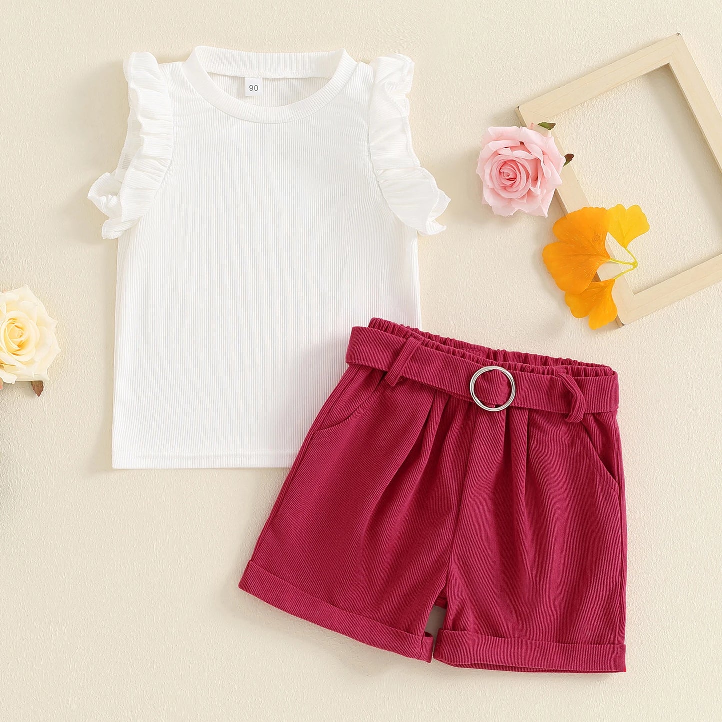 0-4Y Girls Summer Clothes Sets 2pcs Ruffles Sleeveless Solid Colour Ribbed Vest and Shorts with Belt