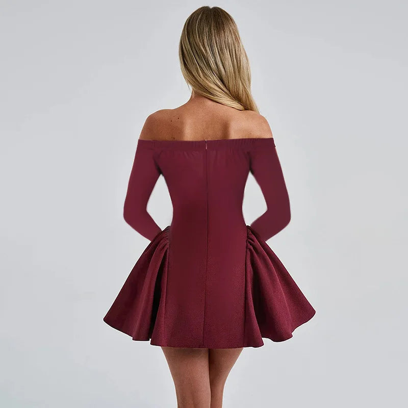 Women's Off Shoulder V Neck A-Line Mini Dress Club Party Outfits for Women Long Sleeve Sexy Bodycon Dresses Elegant Gown