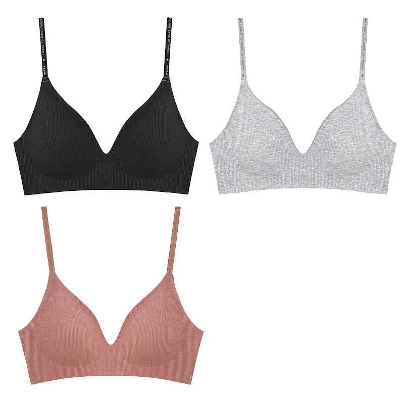 Women's 3/5Pcs/set Wireless Bra Deep V Padded Bralette Stripe Knitting Bras