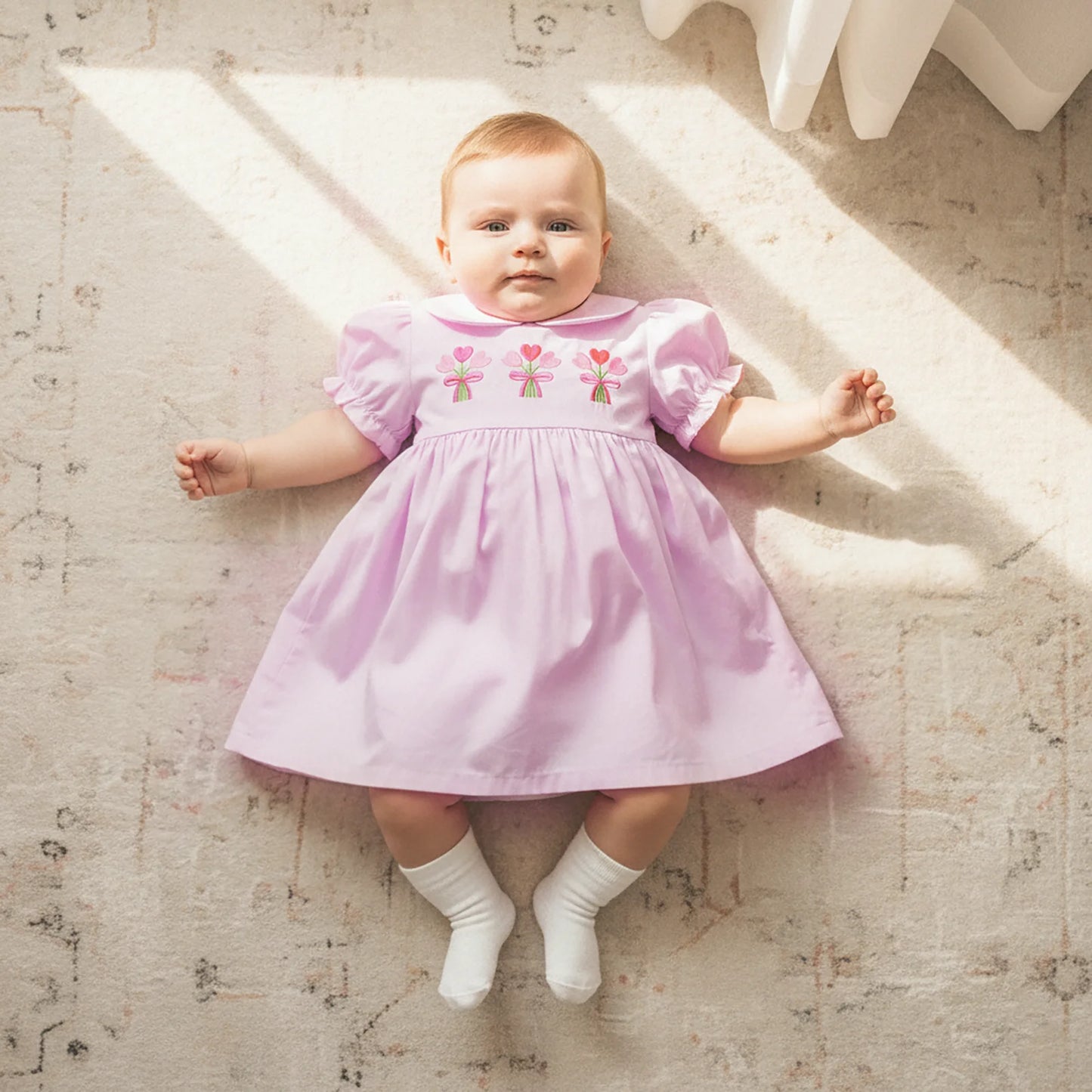 Girls Princess A-Line Dress - Floral Embroidery Doll Collar Short Sleeve