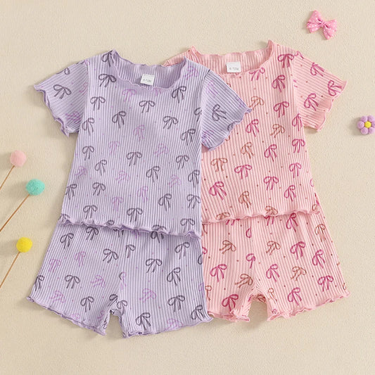 1-5Y Kids Girls Clothes Sets Bow Print Lettuce Trim Short Sleeve T-shirt Elastic Waist Shorts