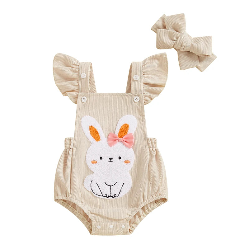Infant Baby Easter Romper - Ruffles Flying Sleeve Rabbit Embroidery Jumpsuit with Headband