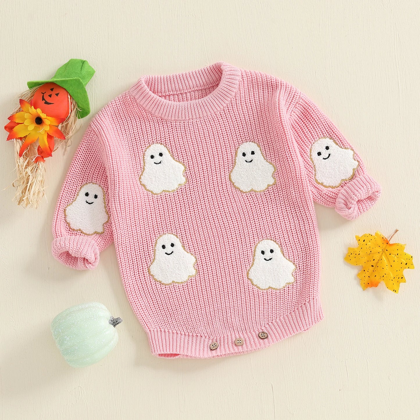 Baby Halloween Sweater Romper - Ghost Embroidery Crewneck Long Sleeve