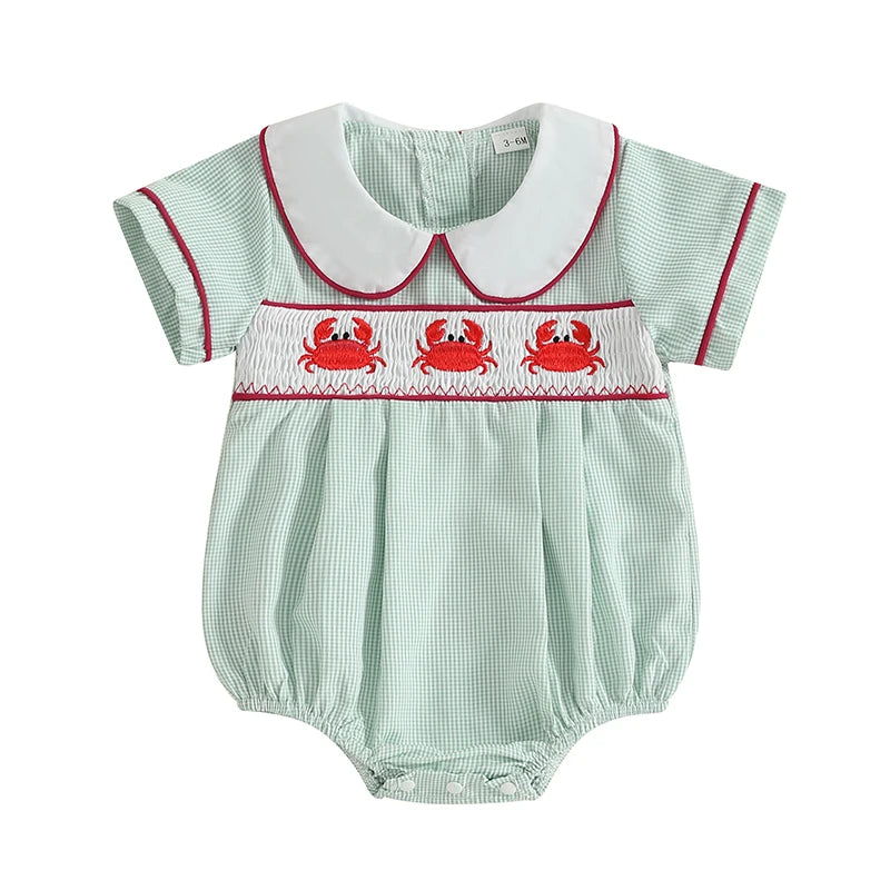 Baby Boys Girls Summer Romper - Crab Embroidery Doll Collar Jumpsuit (0-18M)