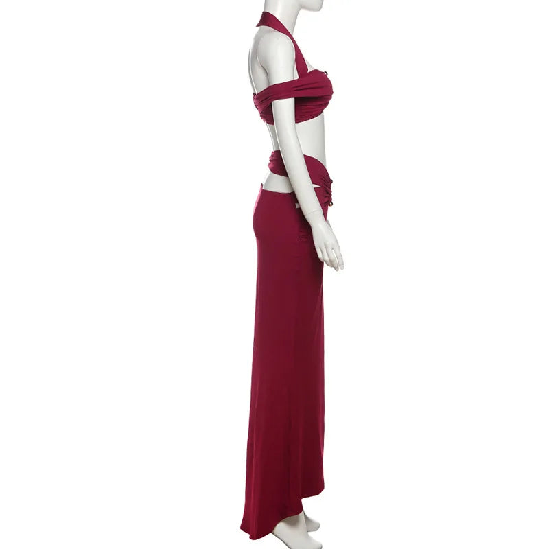Women's Elegant Ruched Cut Out 2 Piece Dress Set - Halter Top & Maxi Skirt