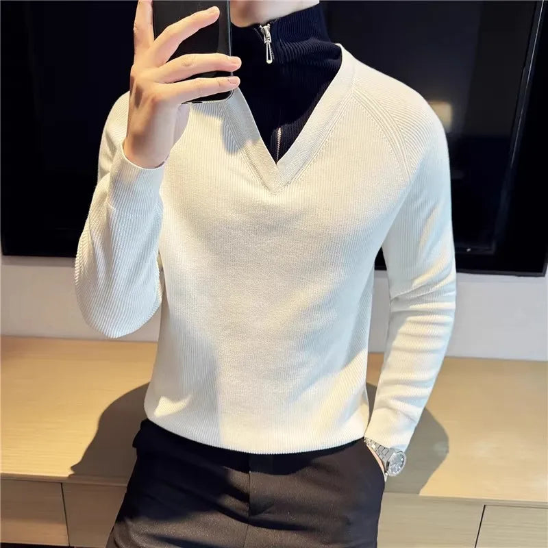 Men's Half Zipper Turn Down Collar Casual Patchwork Knit Pullovers Sweater