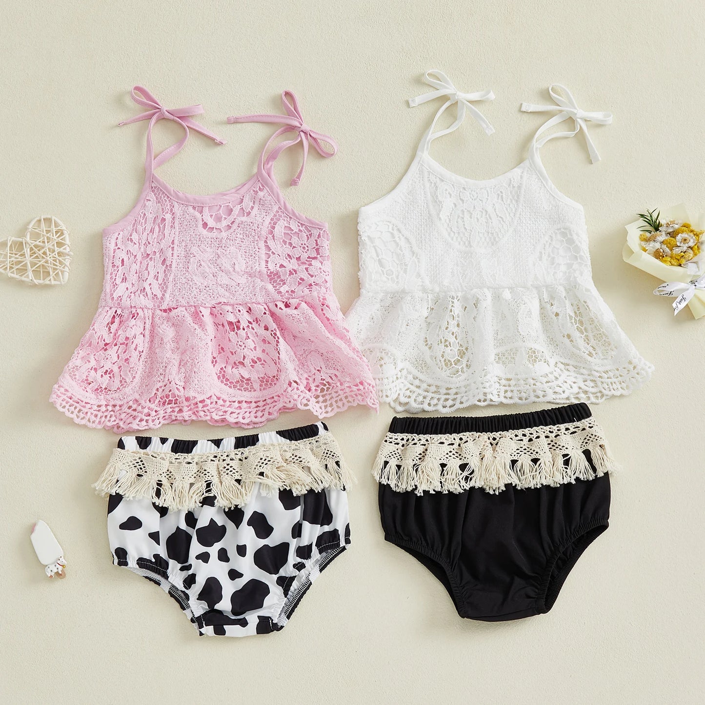 Baby Girls Summer Outfit Set - Floral Lace Tie Strap Camisole & Tassel Shorts (0-18M)