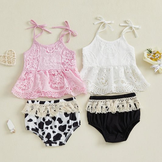 Baby Girls Summer Outfit Set - Floral Lace Tie Strap Camisole & Tassel Shorts (0-18M)