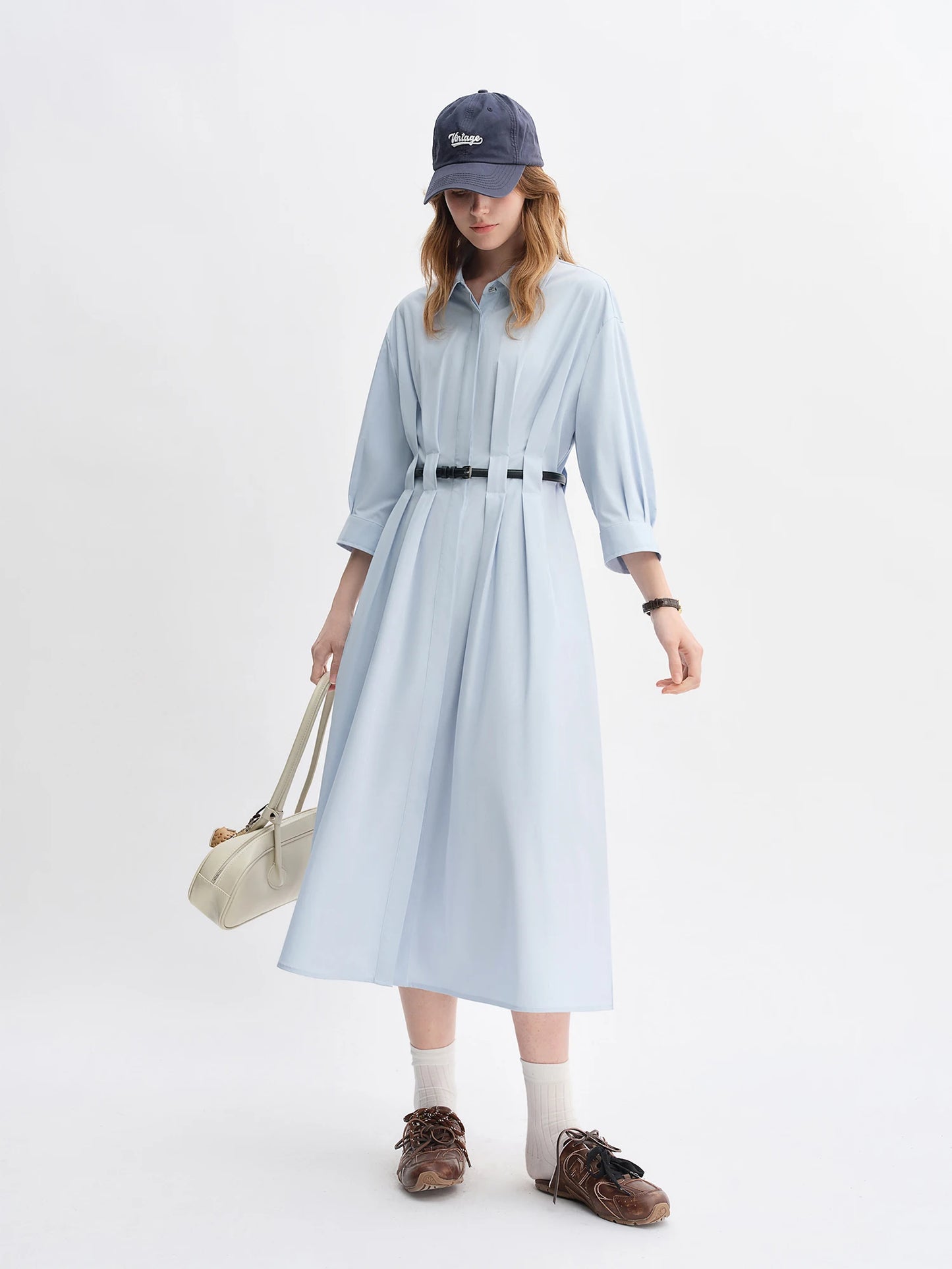 Vertical Striped Shirt Dress with Pleated Design and Belt