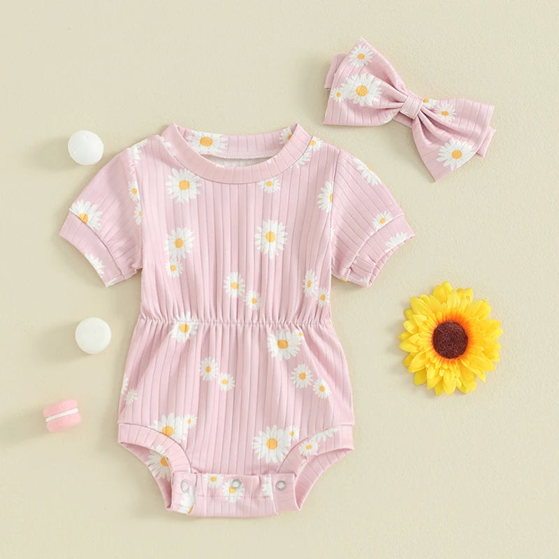 0-18M 2pcs Baby Romper Short Sleeve Sunflowers Print Elastic Waist Jumpsuits with Hairband