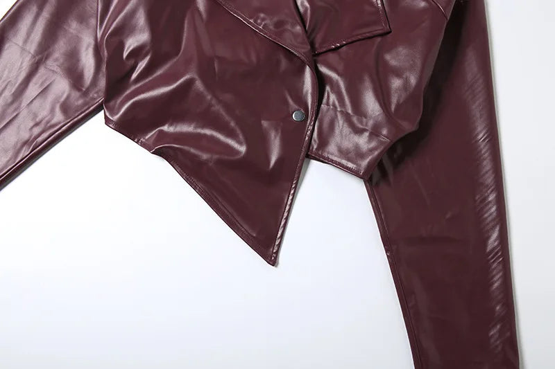 Women's PU Leather Cropped Jacket - Asymmetrical Single Button Coat