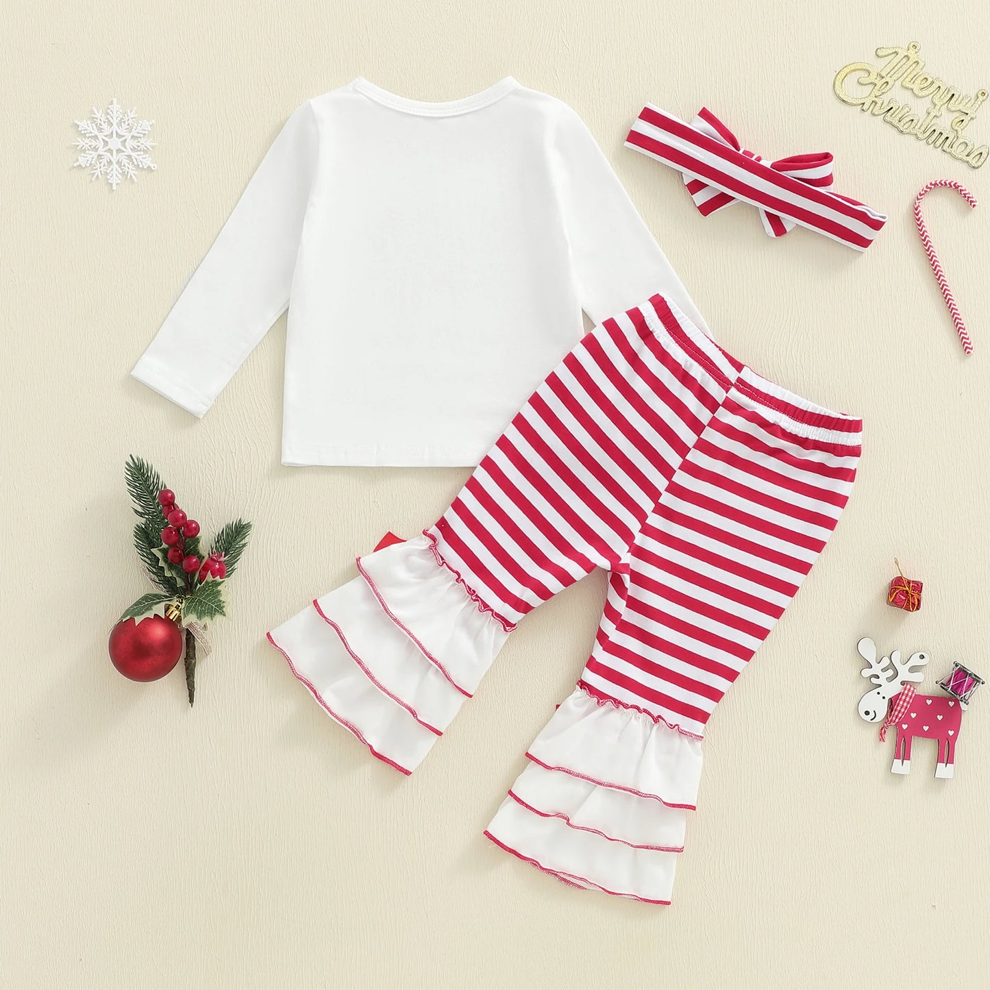 Baby Girls Christmas Outfit Set - Candy Cane Embroidery Long Sleeve Top, Flared Pants & Headband (0-3Y)