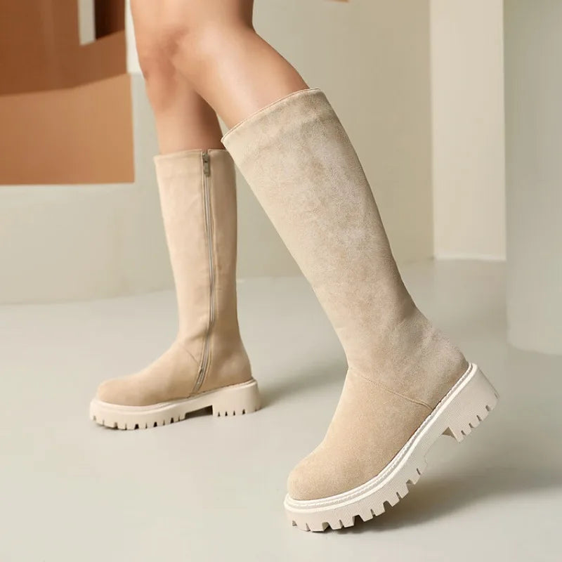 Faux Suede Ankle Boots - 5cm Flat Heel with Belt Buckle Detail