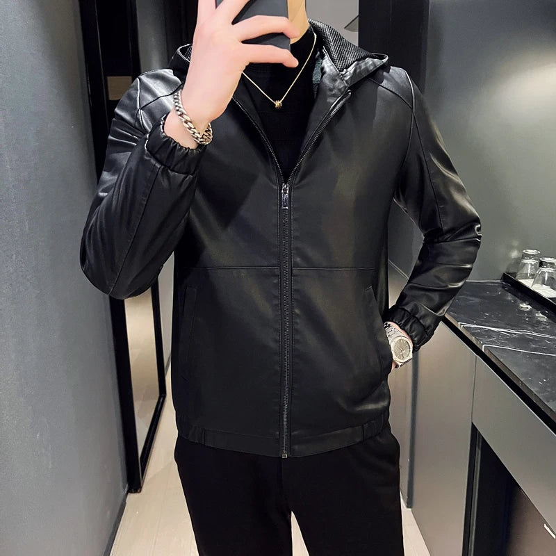 Hooded Leather Moto Jacket - Slim Fit Biker Style