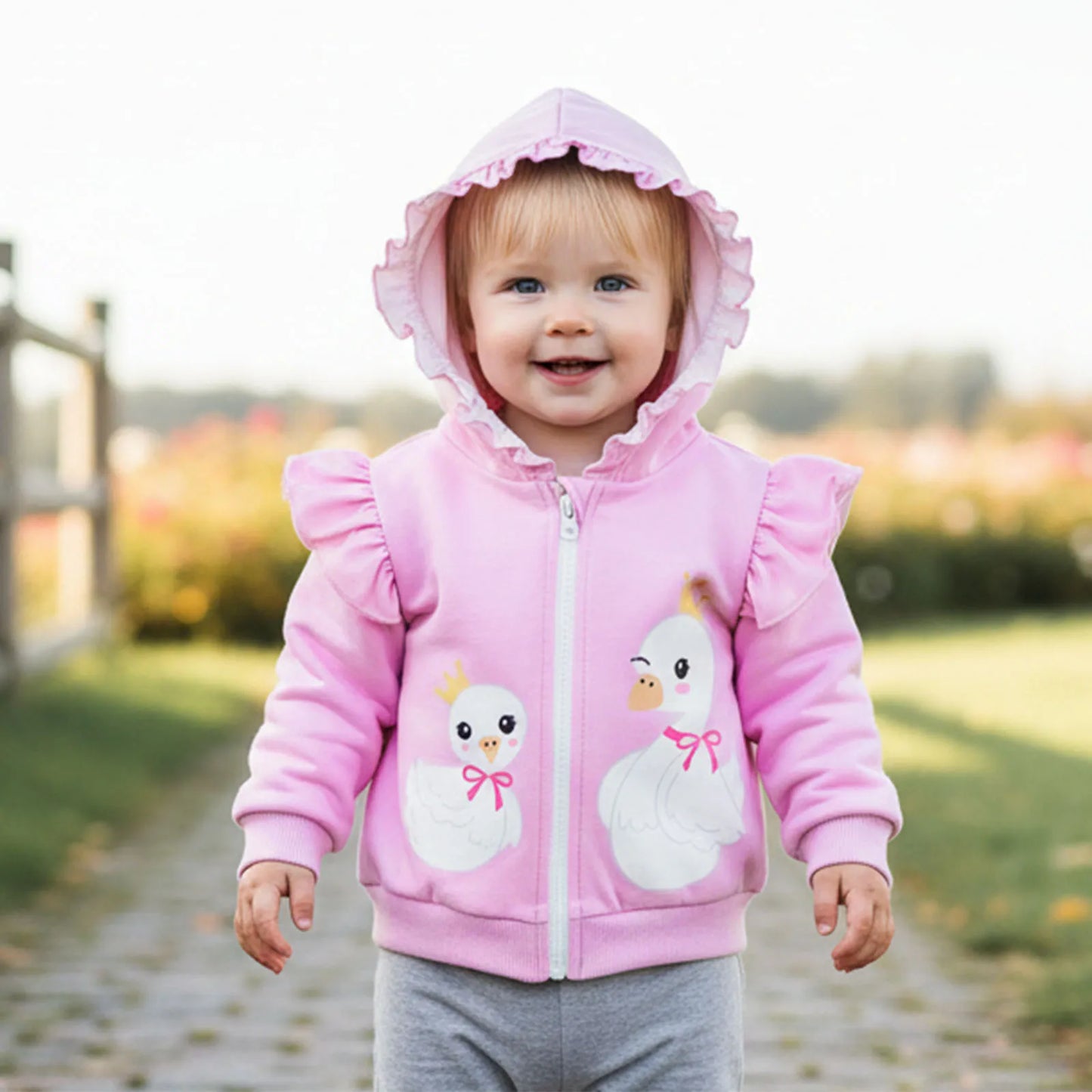 Toddler Girls Hooded Jacket - Goose Print Long Sleeve Coat