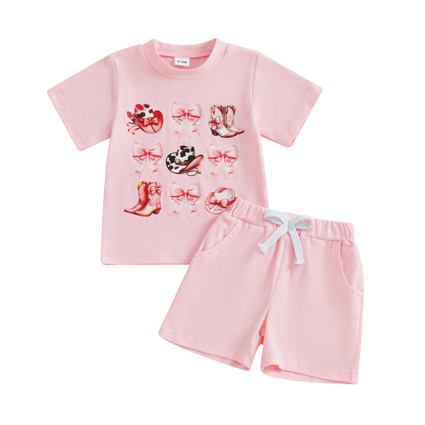 0-4Y Kids Girls Clothes Set Short Sleeve Crew Neck Letters Boots Print T-shirt with Shorts