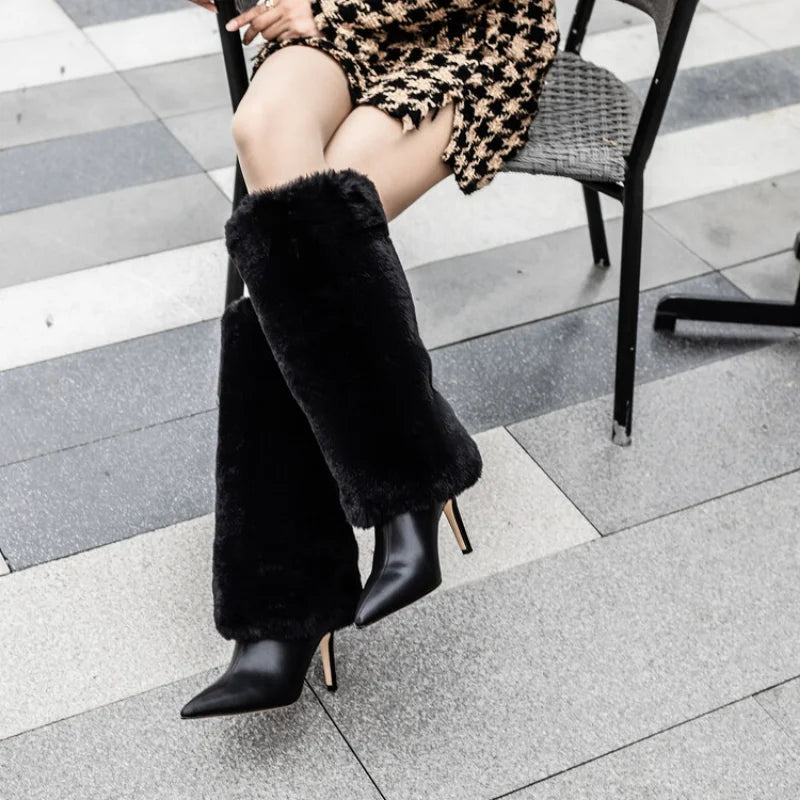 Women's Wedge Leather Mid-Calf Boots - 10cm Heel Metal Buckle Boots