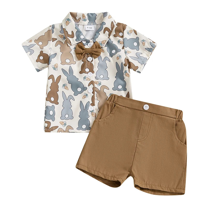 0-4Y Kids Boys Easter Gentleman Clothes Set Bunny Print Short Sleeve Button-up Bow Tie Shirt Elastic Shorts