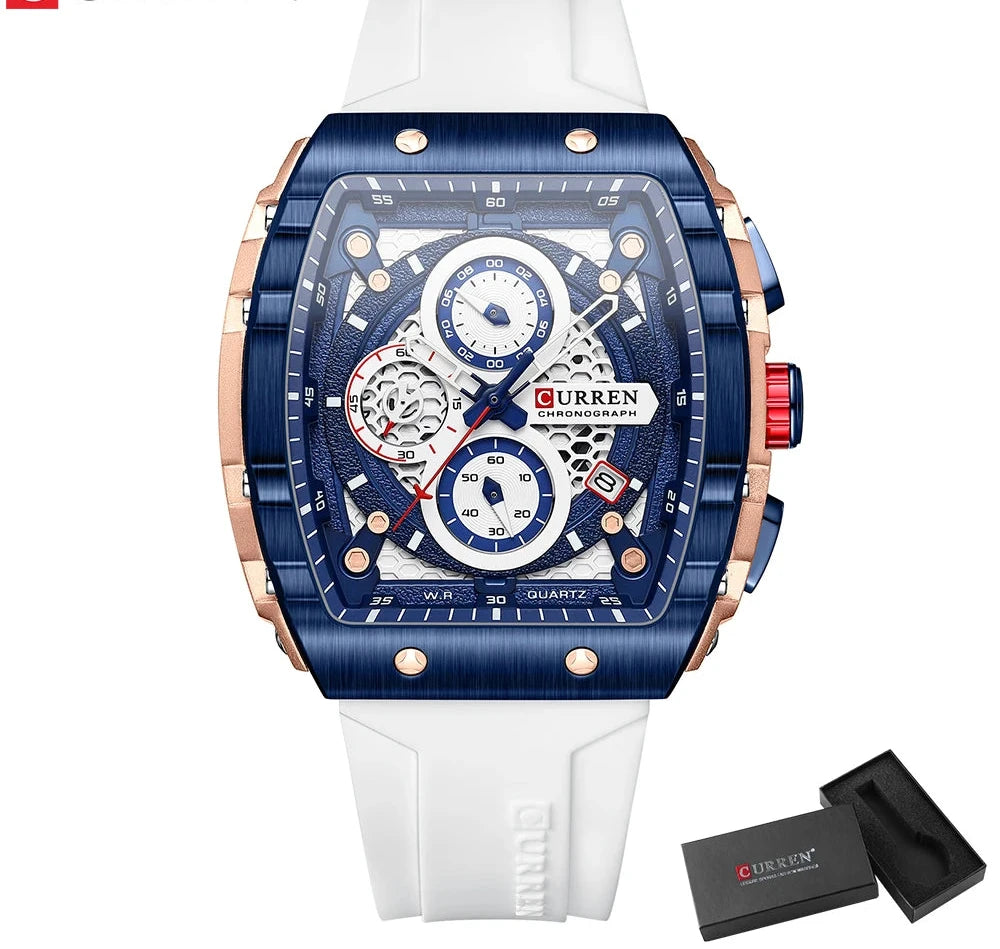 Tonneau Dial Sport Watch - Waterproof Quartz with Auto Date & Yellow Silicone Strap