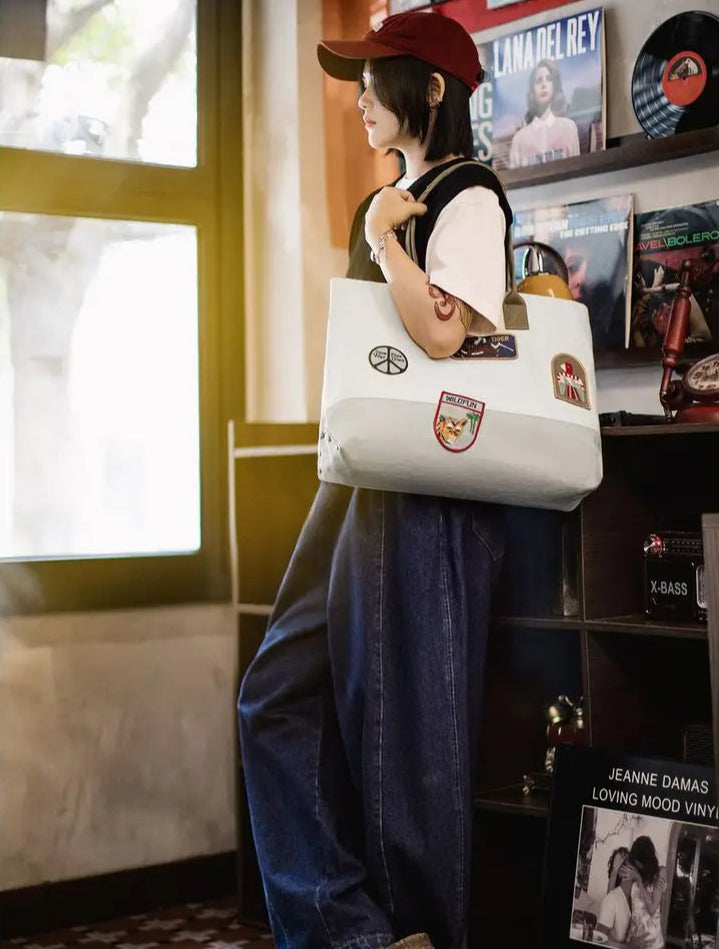 Unisex Style Vintage Embroidered Large-capacity Patchwork Handbag Versatile Single-shoulder Versatile Tote Bag