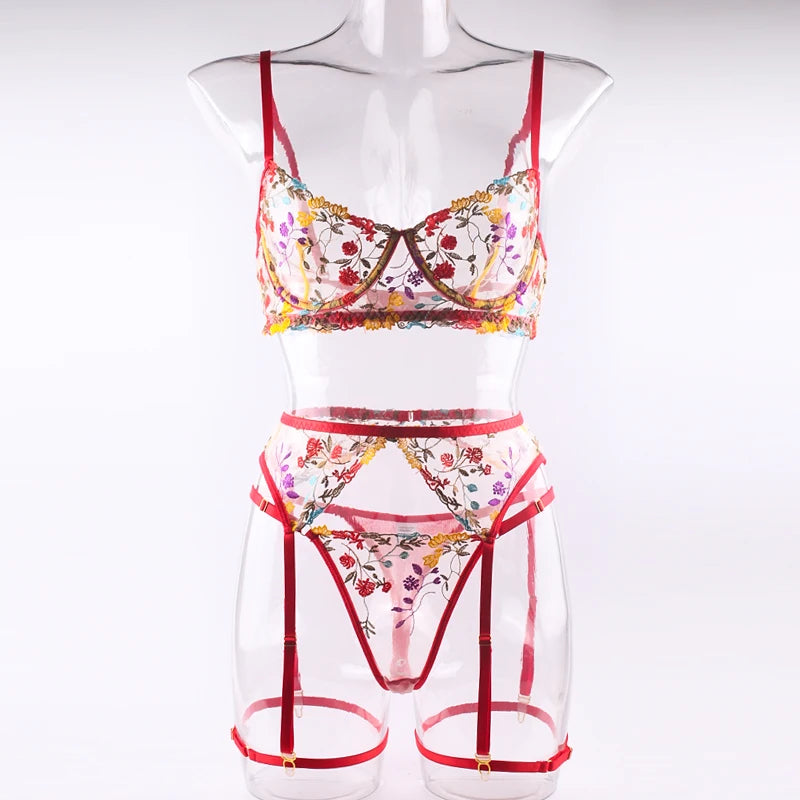 Women's Lace Transparent Embroidery 3-Piece Garters Lingerie Set