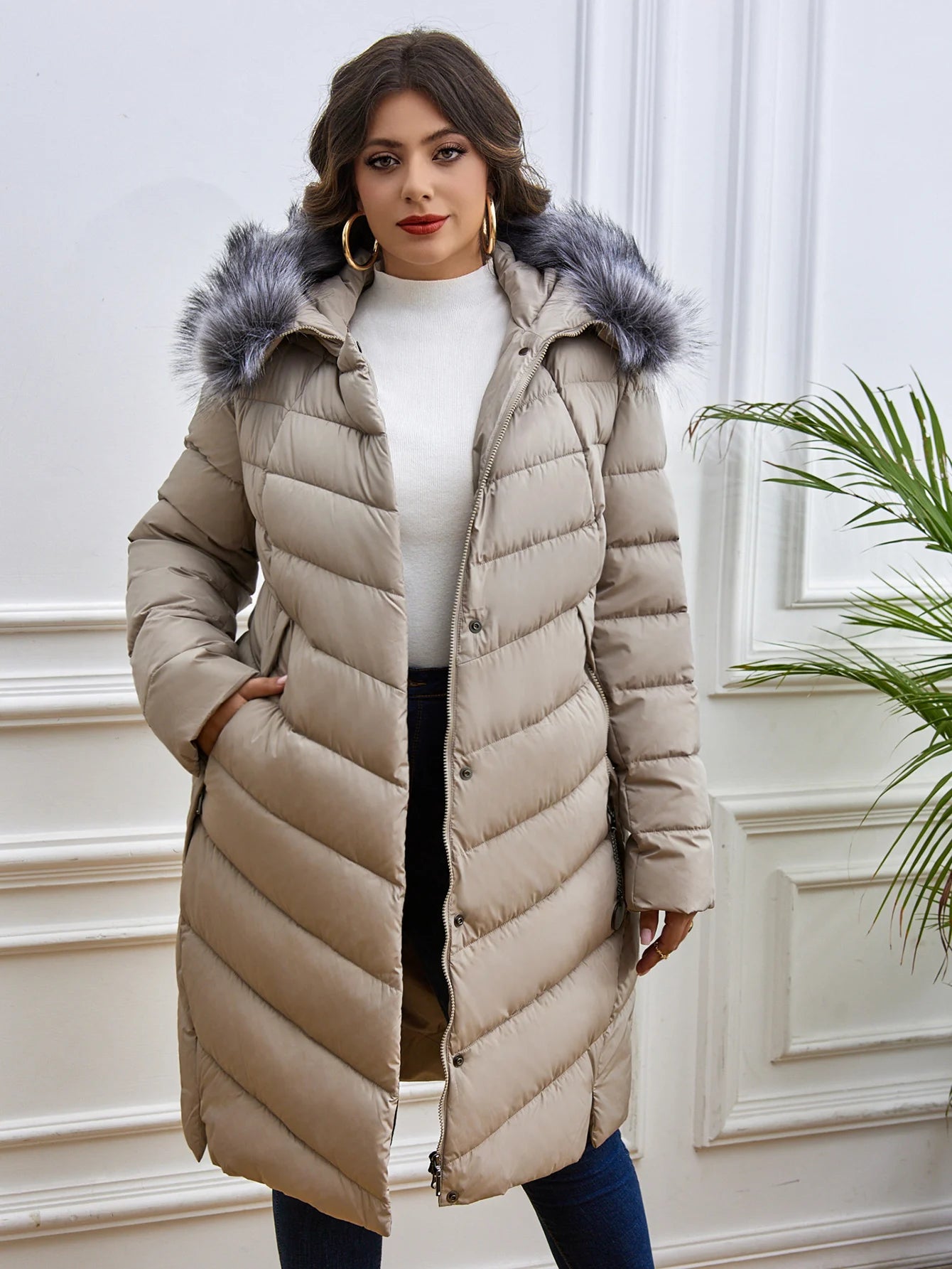 Women's Fur Collar Down Coat - Extra Long Winter Jacket