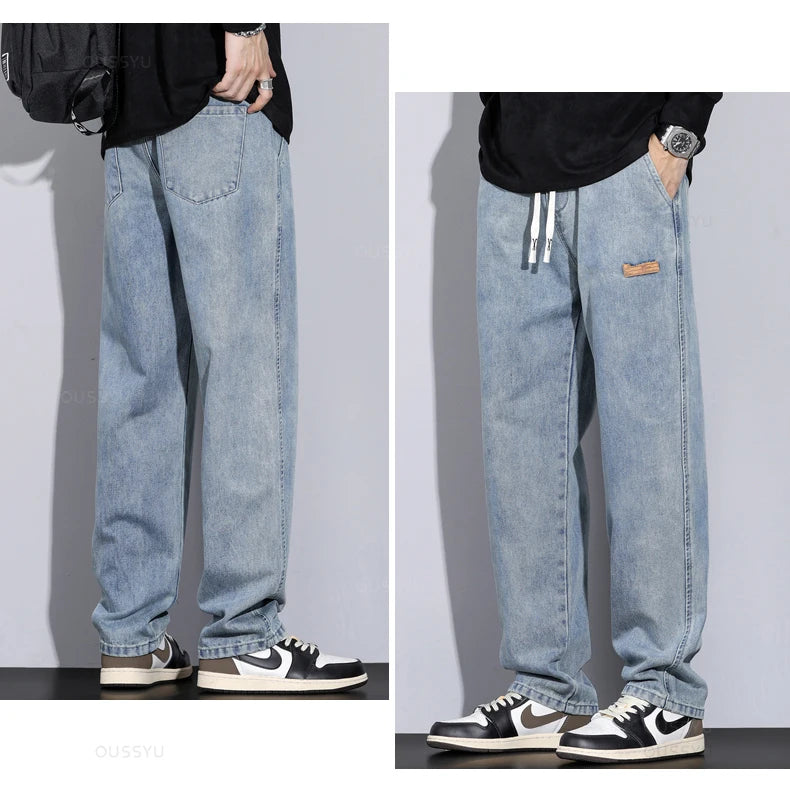 Men's Cotton Drawstring Elastic Waist Denim Jeans