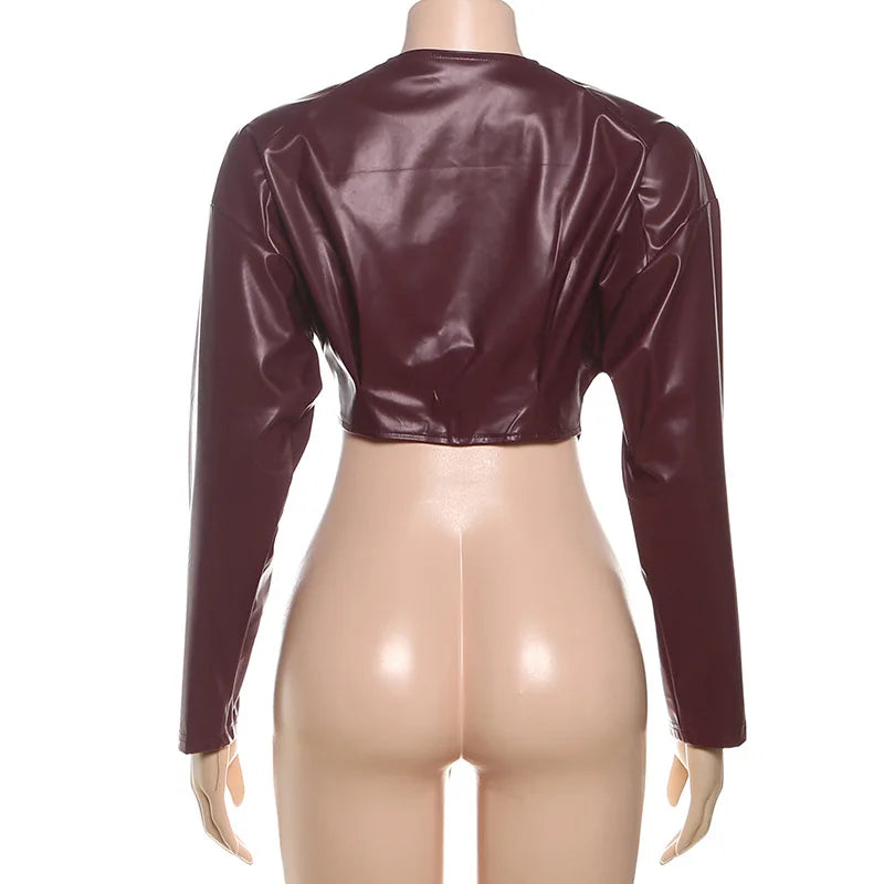 Women's PU Leather Cropped Jacket - Asymmetrical Single Button Coat