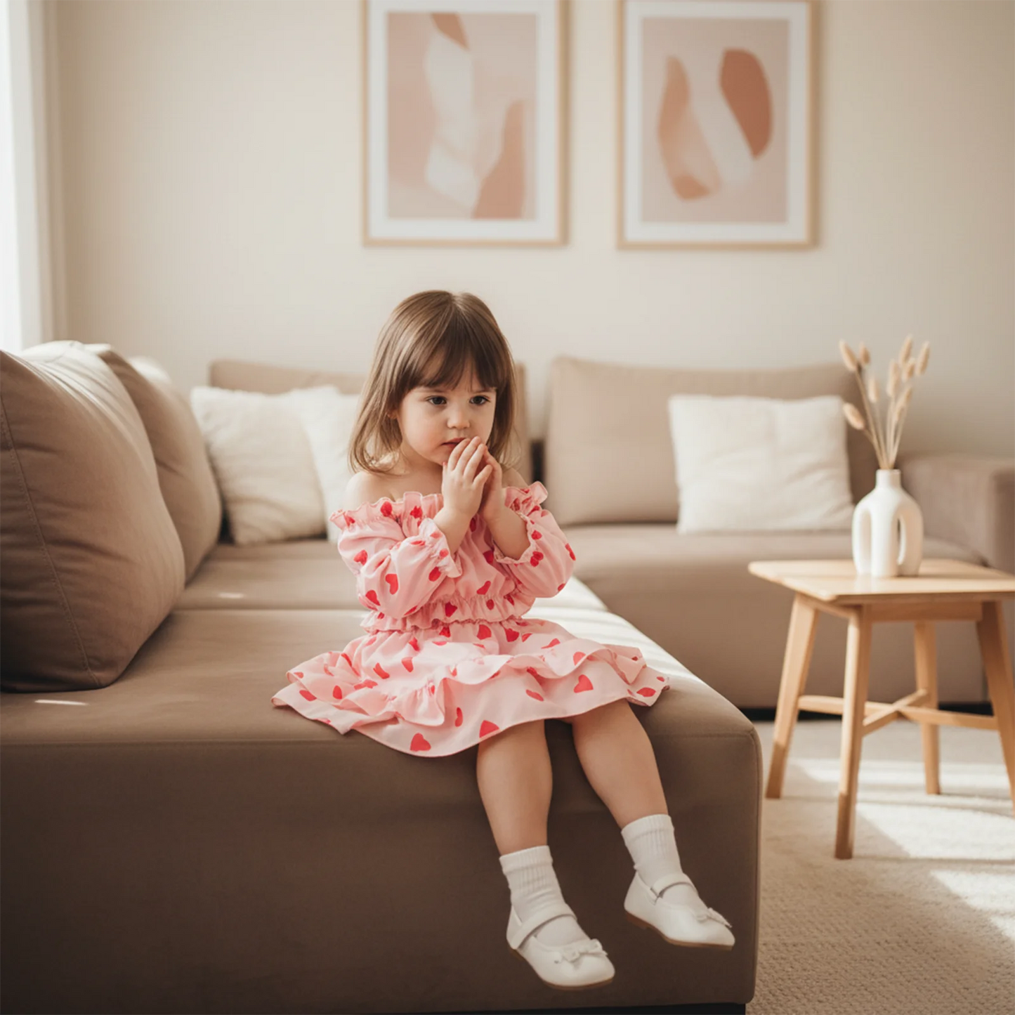 Valentine's Day Girls Outfit Set - Heart Print Off Shoulder Top & A-Line Skirt