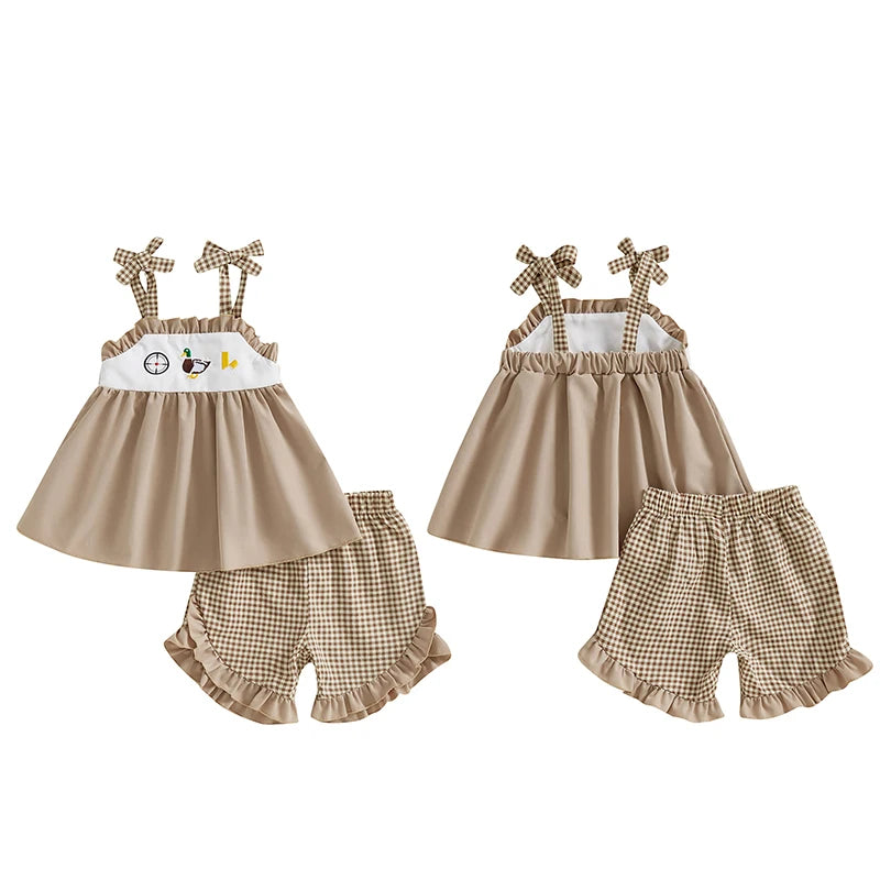 3-7Y Toddler Kids Girls  Clothes Set 2pcs Sleeveless Tie-up Duck Embroidery Camisole with Ruffled Plaid Shorts
