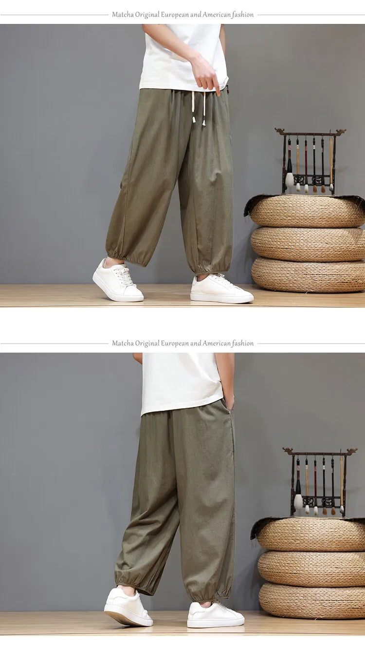 Men's Summer Wide Leg Pants Casual  Breathable Loose Ankle Length  Harem Trousers