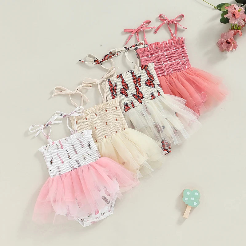 0-18M Lovely Baby Girls Romper Dress Tie-up Sleeveless Pleated Butterfly Tulle Patchwork Summer Jumpsuit