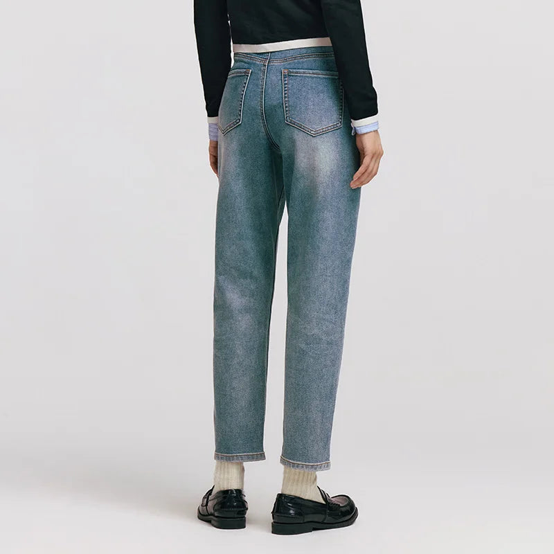 Women's Vintage Washed Tapered Jeans - Brushed Denim Loose Long Fit Winter Pants