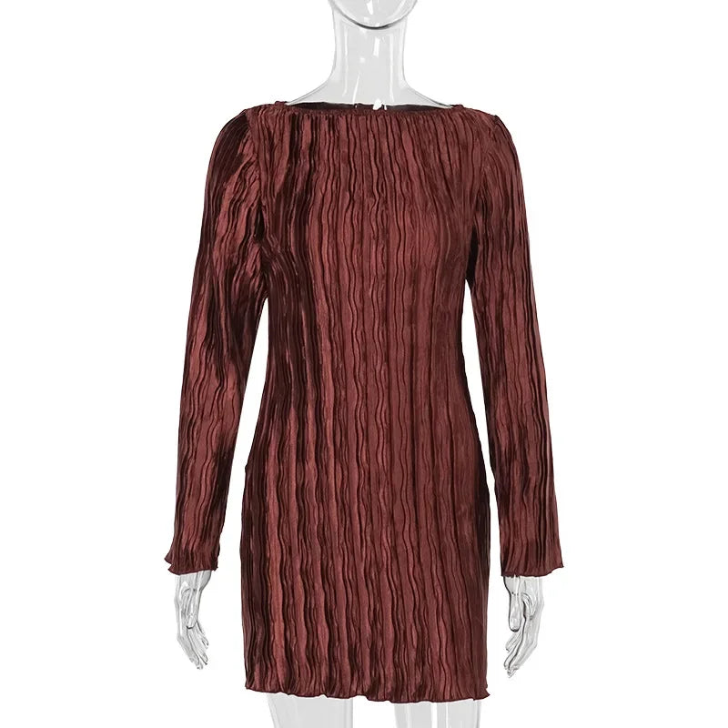 Women's Elegant Textured Ruched Long Sleeve Mini Dress