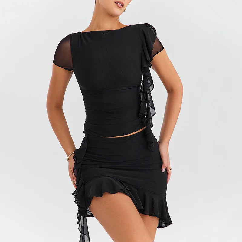 Women's Mesh See Through Top and Skirt Set Asymmetric Ruched Ruffle Matching Set Fringe Bodycon 2 Piece Set