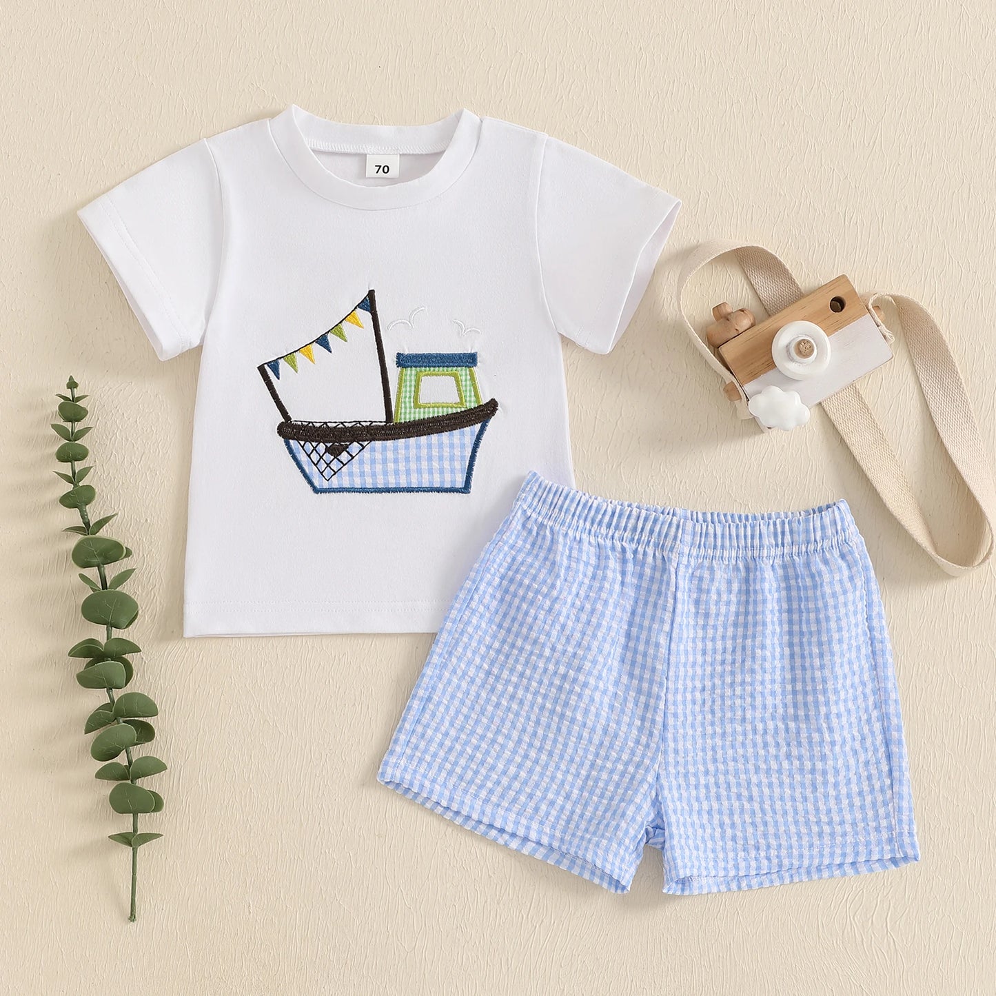 0-3Y  Casual Kids Boys Clothes Sets Boat Embroidery Short Sleeve T-shirt Striped Elastic Waist Shorts
