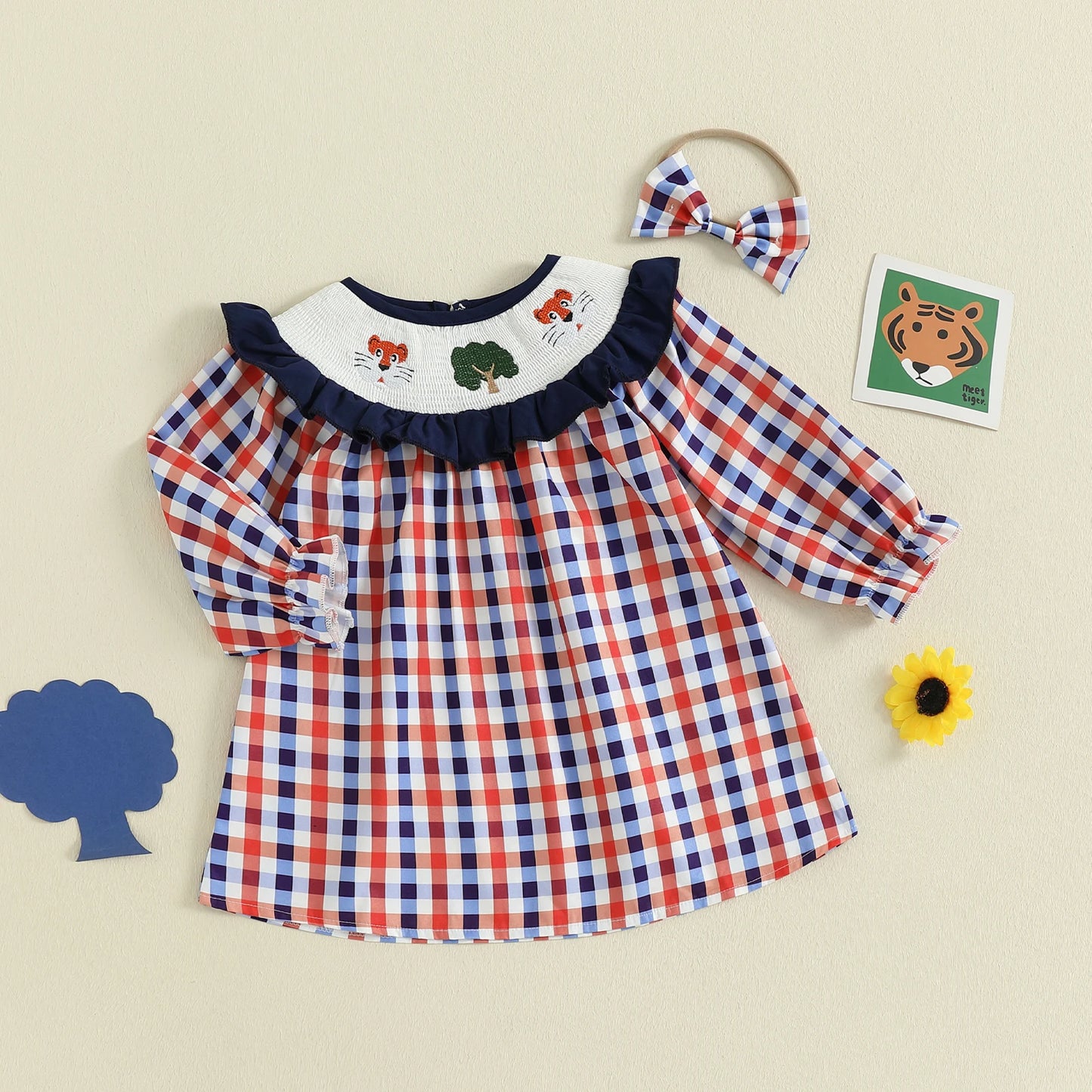 Toddler Baby Girls' Plaid Romper Dress - Animal Embroidery Smocked Jumpsuit with Headband