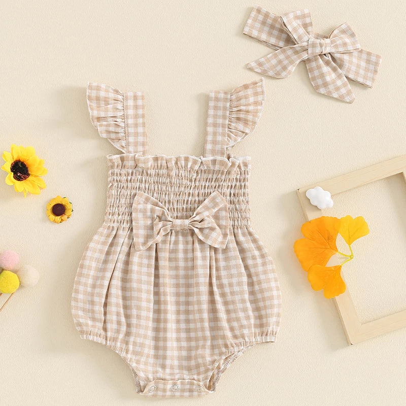 0-18M Baby Girls Summer Romper Outfits Fly Sleeve Plaid Print Ruffles Bowknot Jumpsuits with Headband