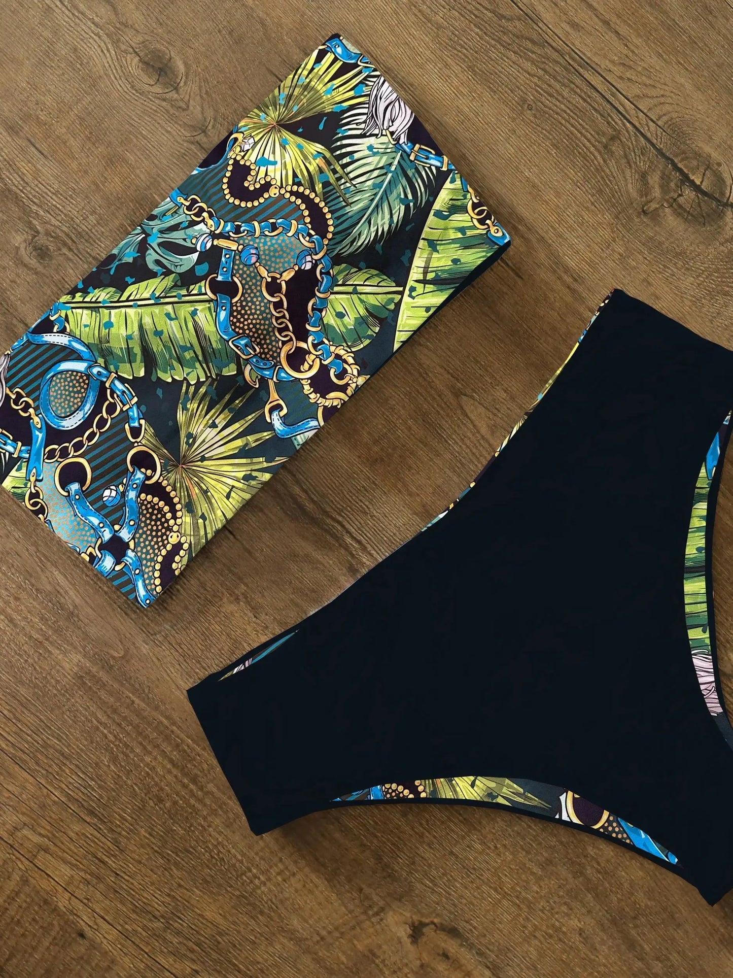 High Waist Bikini Set - Cross Back Bandeau Swimsuit with Print
