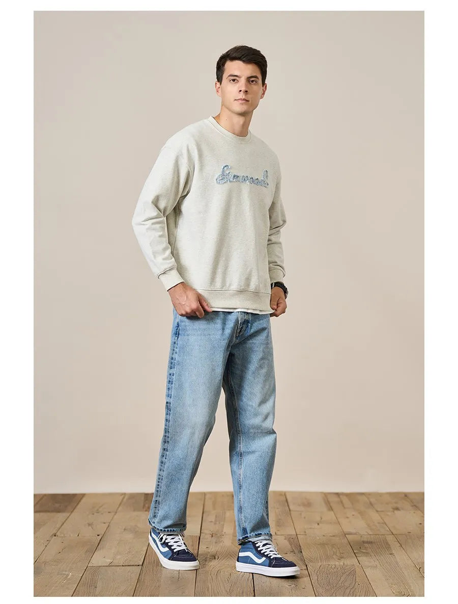 Men's Heavyweight Oversized Letter Embroidery Sweatshirt – 390g Cotton Pullover