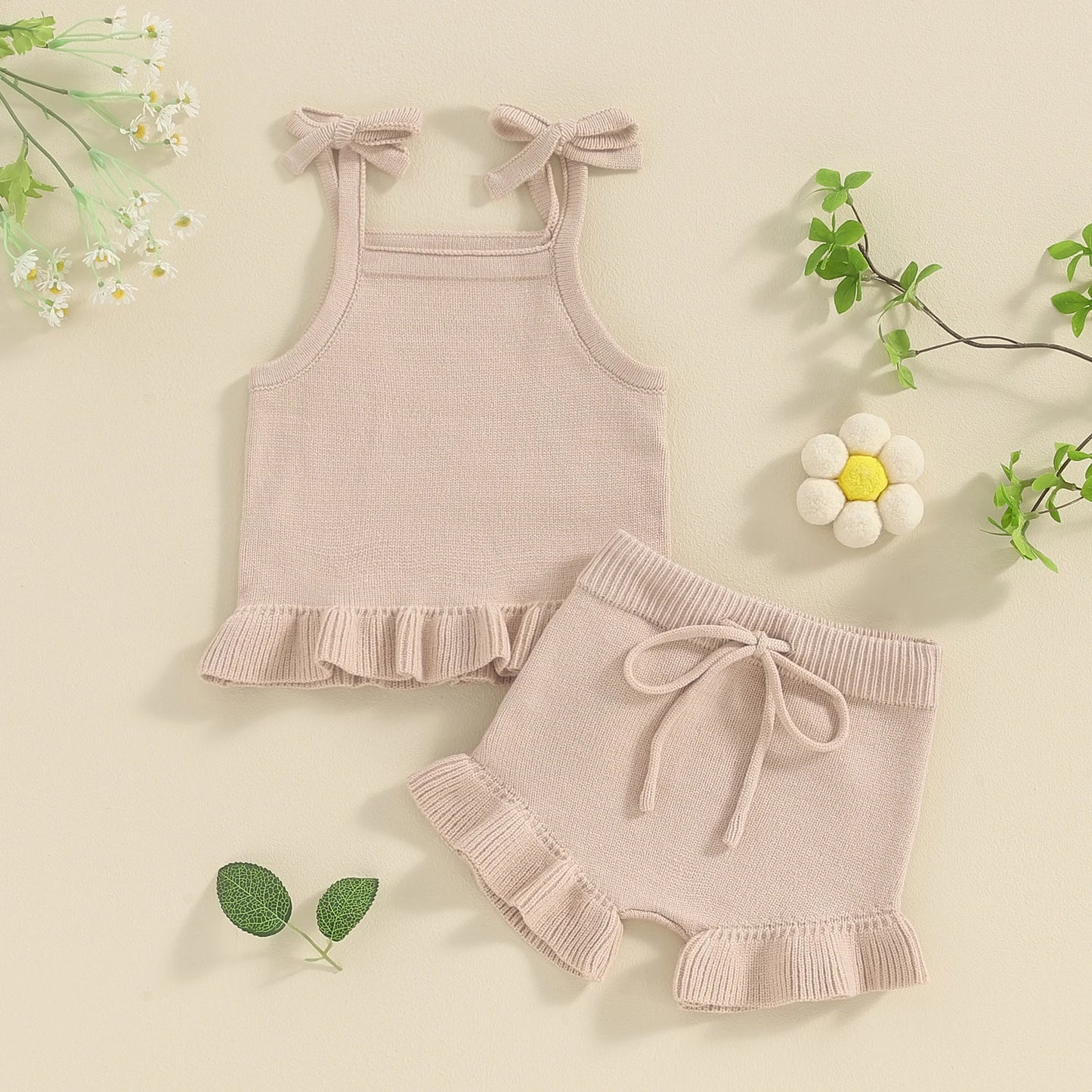 0-18M Infant Baby Girls Knit Clothes Sets - Solid Sleeveless Cami Tops with Elastic Waist Shorts 2Pcs Set