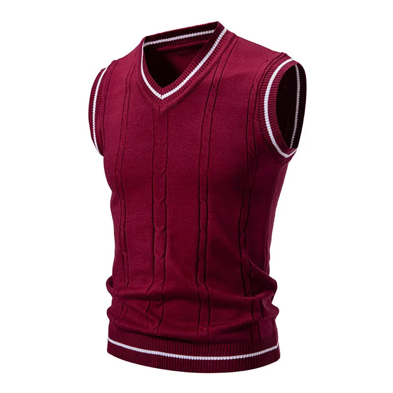 Men's V-Neck Knit Vest - Slim Fit Sleeveless Patchwork Sweater Vest for Autumn Winter