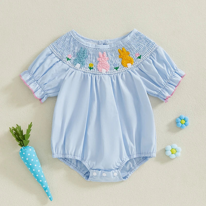 Baby Girls Easter Romper - Ruffled Sleeve Rabbit Embroidery Smocked Jumpsuit