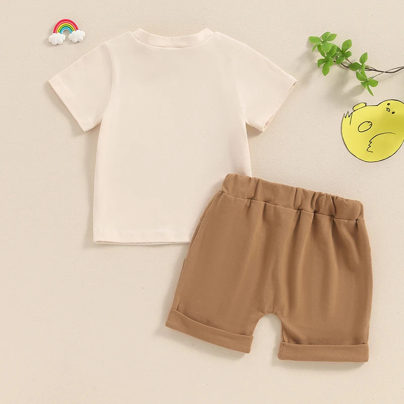 0-3Y Infant Baby Boys Summer Clothes Sets - 2pcs Short Sleeve Letter Farm Print Tops and Drawstring Shorts