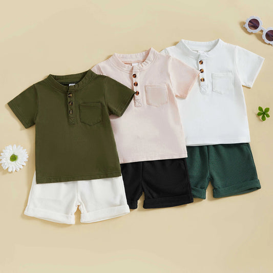 Casual Summer Baby Boys Button-Up Outfit Set - Round-Neck Top & Solid Color Shorts (0-4Y)
