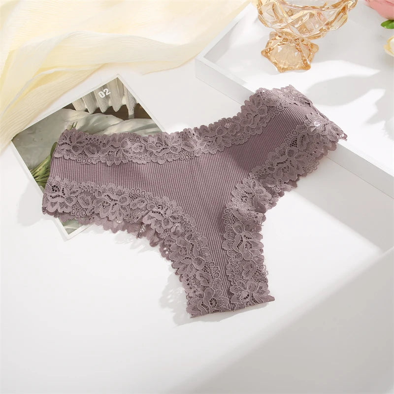 5PCS Women Cotton Lace Underwear Low Waist Briefs Breathable G-String Lingerie