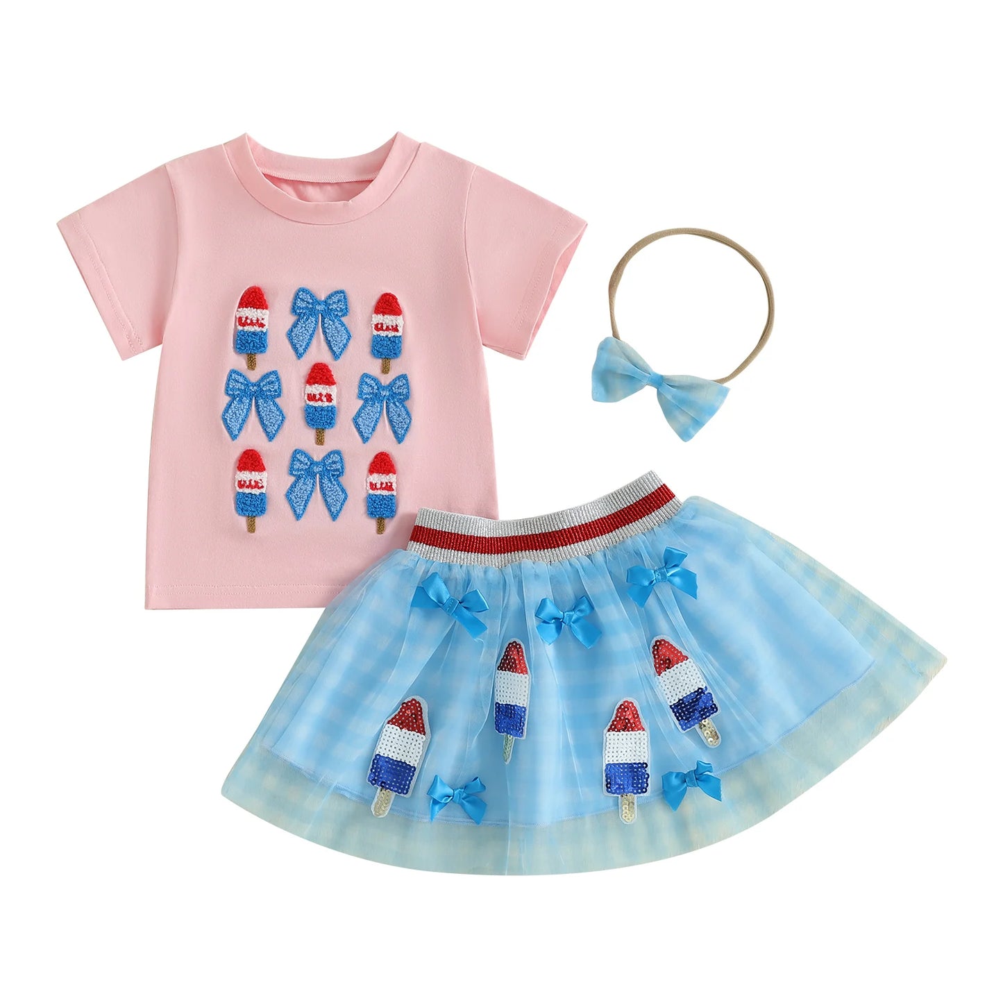 0-6Y Kids Girls American Flag Clothes Sets Bow Embroidery Short Sleeve T Shirt Mesh Lace Skirt Headband
